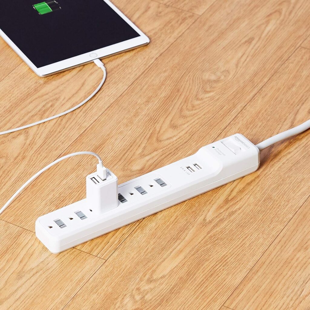 Amazon Basics Rectangular 6-Outlet Surge Protector Power Strip with 2 USB Ports - 1000 Joule, White, 6 ft