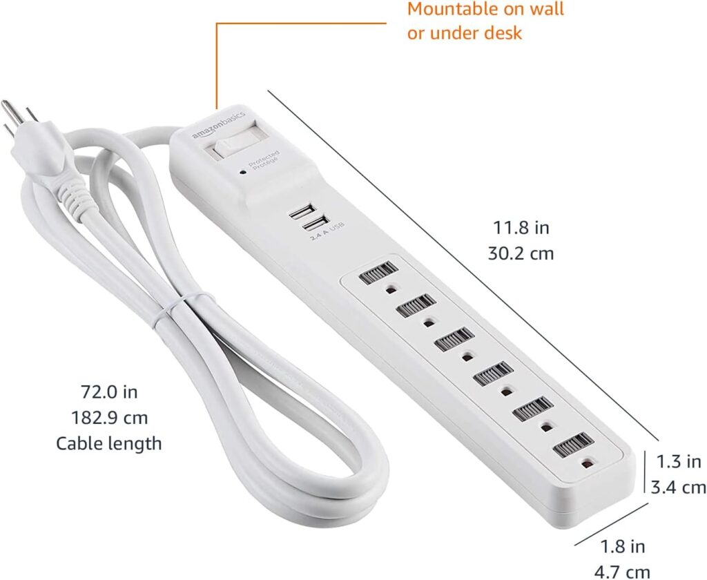 Amazon Basics Rectangular 6-Outlet Surge Protector Power Strip with 2 USB Ports - 1000 Joule, White, 6 ft