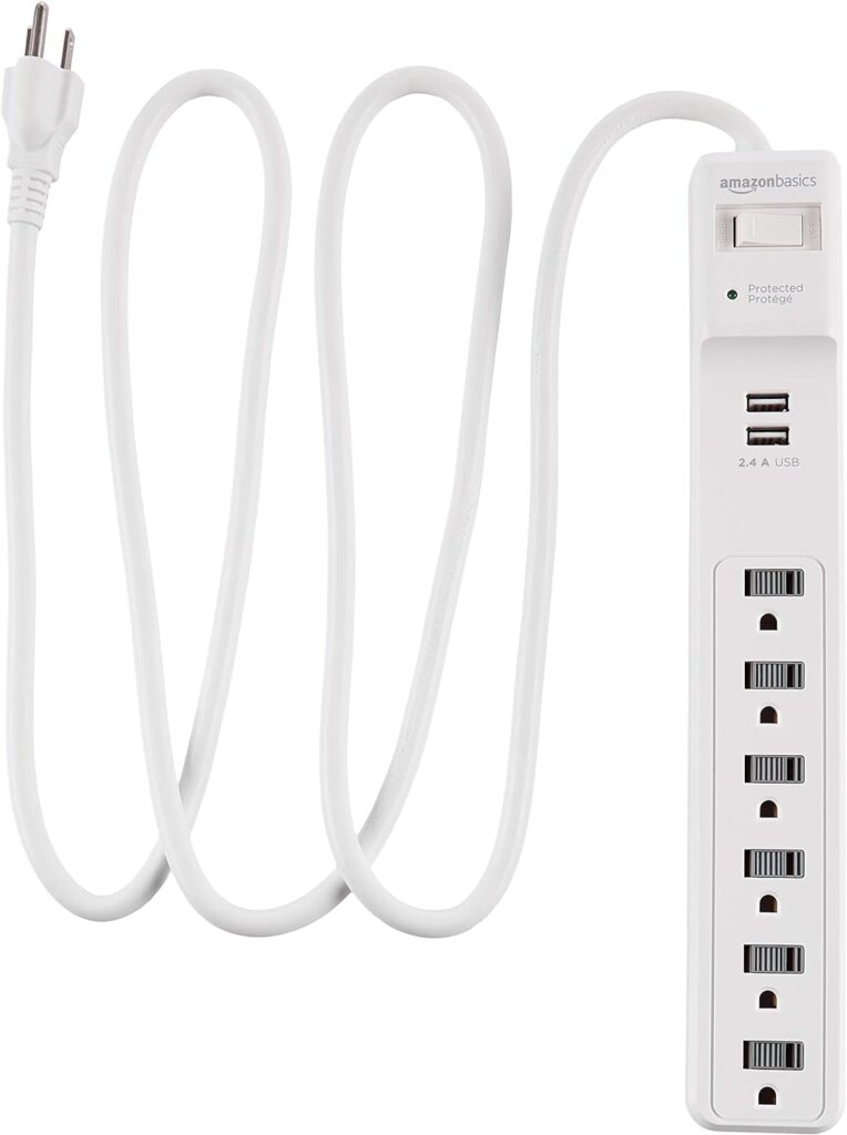 Amazon Basics Rectangular 6-Outlet Surge Protector Power Strip with 2 USB Ports - 1000 Joule, White, 6 ft