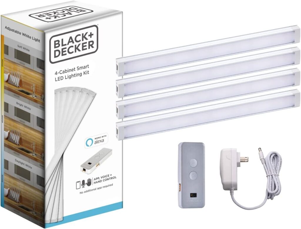 BLACK+DECKER Works with Alexa Smart LED Under Cabinet Lighting Kit, Motion Sensor, Dimmable, 3 Color Settings, for Kitchen, Cabinets and Closets, (4) 9 Bars, White, A Certified for Humans Device