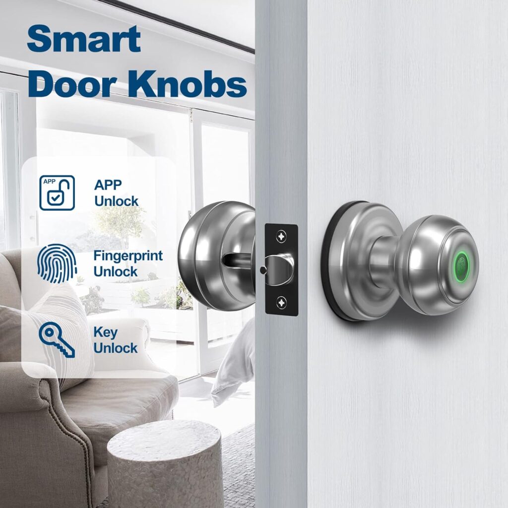 GeekTale Smart Door knob, Fingerprint Door Lock Smart Lock Biometric Door Lock Fingerprint Door knob with App Control, Great for Bedrooms,Cloakroom,Apartments Offices,Hotels Matte Black