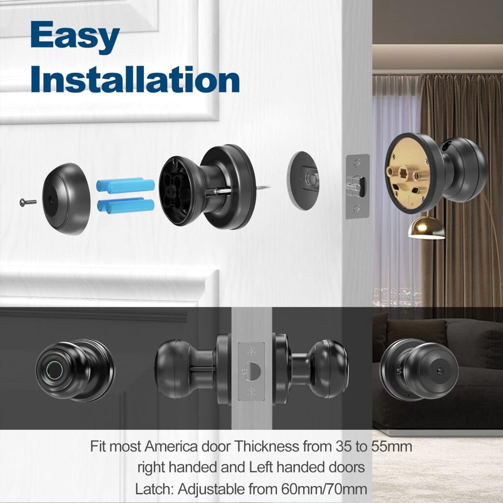GeekTale Smart Door knob, Fingerprint Door Lock Smart Lock Biometric Door Lock Fingerprint Door knob with App Control, Great for Bedrooms,Cloakroom,Apartments Offices,Hotels Matte Black