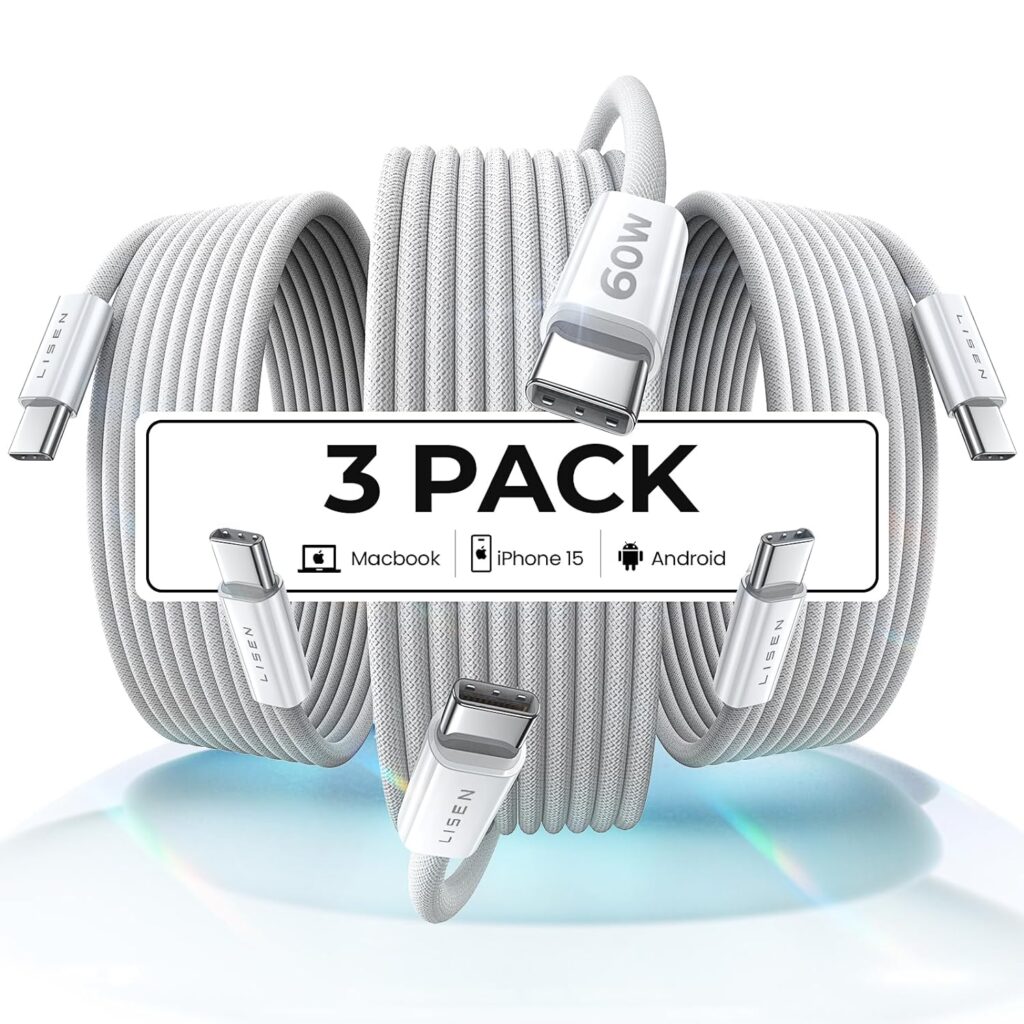 LISEN USB C to USB C Charger Cable 60W 3-Pack 6.6ft Type C Charging Cable Cord Fast Charging USBC to USBC Cable for iPhone 15 Pro Max Plus Samsung S23 S22 Note 20 Ultra iPad Pro Air Mini MacBook Air