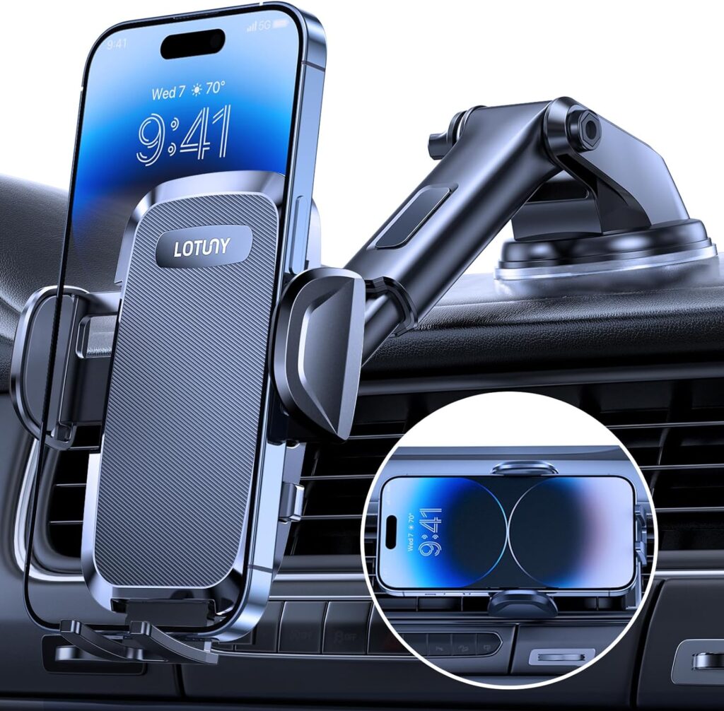 LOTUNY Universal Phone Mount for Car, [Powerful Suction] Hands-Free Cell Phone Holder Car, Phone Holder for Car Dashboard Windshield Air Vent, Compatible with iPhone 14 13 12 11 Pro Max All Phones