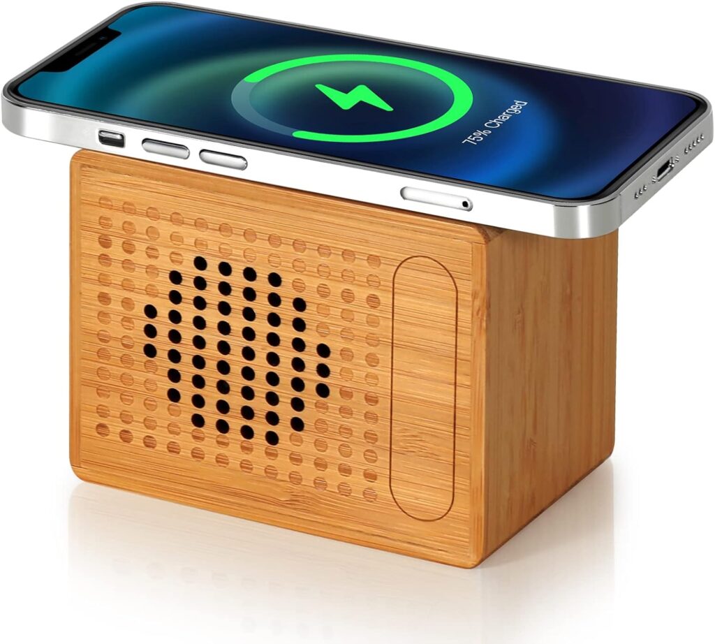 Mearmart Bluetooth Speaker with 10W Fast Wireless Charger，Hand-Made，12-Hour Playtime，Small Portable Wireless Speakers，HD Sound and Bass for iPhone ipad Android Smart Devices and More