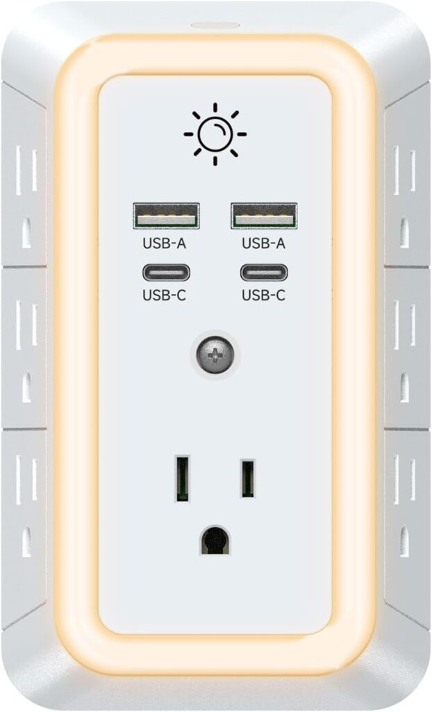 Multi Plug Outlet, USB Wall Charger, Surge Protector, 7 Outlet Extender with 4 USB Charging Ports (2 USB C) 1680J Power Strips Outlets with Night Light, Wall Plug Adapter Spaced for Home Travel Office