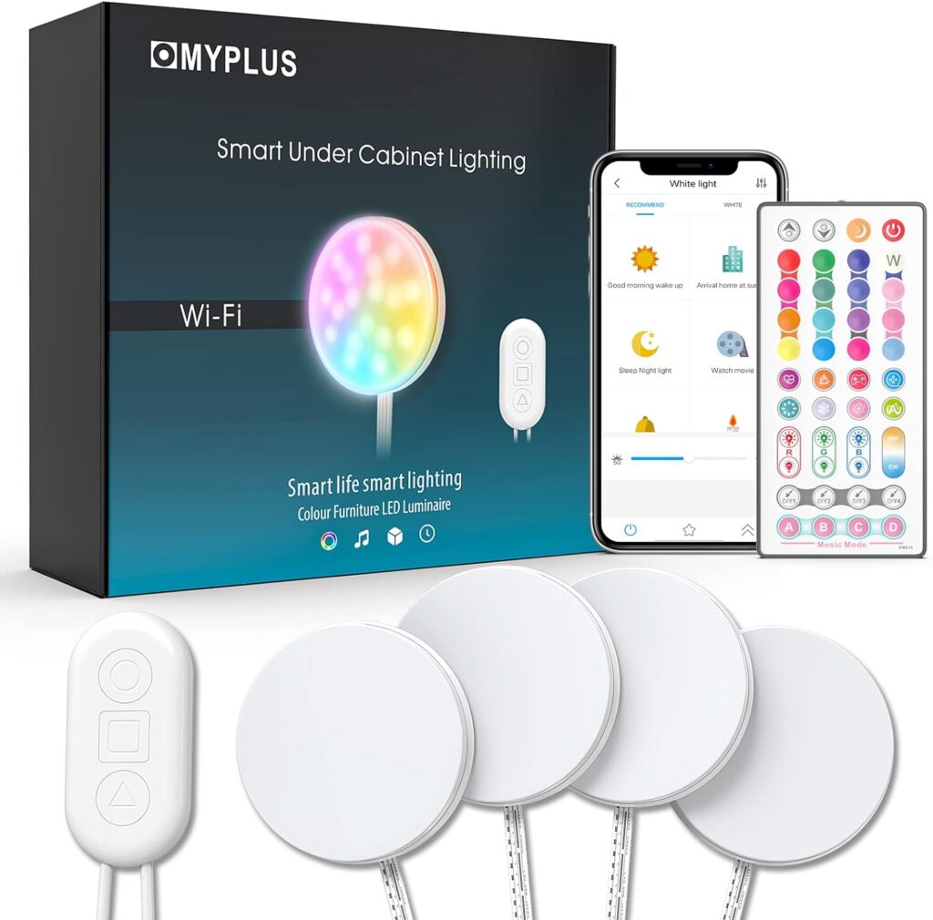 MYPLUS Smart Under Cabinet Lights, Ambiance Puck Lights Work with Alexa and Google Home,WiFi Controlled Dimmable and RGB Color Smart Lamp Fixture (7cm-4PCS)