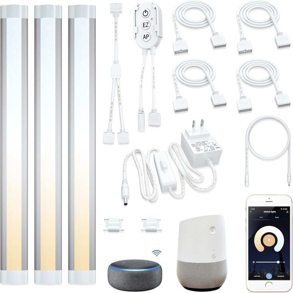 Smart Under Cabinet Lights Work with Alexa Echo, Google ,Siri, LED Light for Kitchen Shelf Counter Lighting with App, Voice Activated Dimmable and Linkable Warm to Cool White (3 Lights Bar Kit)