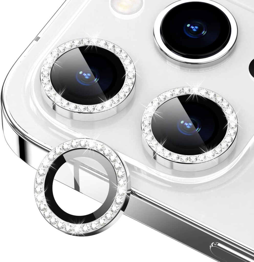 Xfilm for iPhone 14 Pro/iPhone 14 Pro Max Camera Lens Protector Bling, 9H Hardness Scratchproof Metal Individual Diamond Ring Protector, Stylish Accessories, Case Friendly (Silver Diamond)