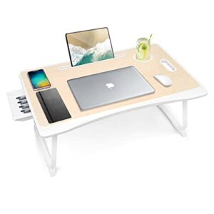 Amaredom Laptop Bed Desk Tray Bed Table, Foldable Portable Lap Desk Notebook Stand Reading Holder with Storage Drawer and Cup Holder for Eating Breakfast on Bed/Couch/Sofa-White Oak