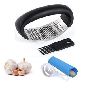 Garlic Press Crusher,Stainless Steel Garlic Press Rocker - Precision Kitchen Gadgets Garlic Chopper Garlic Mincer with Silicone Garlic Peeler,Egg Separator Filiter Tools For You (Black/Sliver)