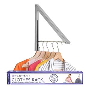 Single Foldable Clothing Rack, Wall-Mounted Retractable Clothes Hanger for Laundry Dryer Room, Hanging Drying Rod, Small Collapsible Folding Garment Racks, Dorm Accessories (Chrome)