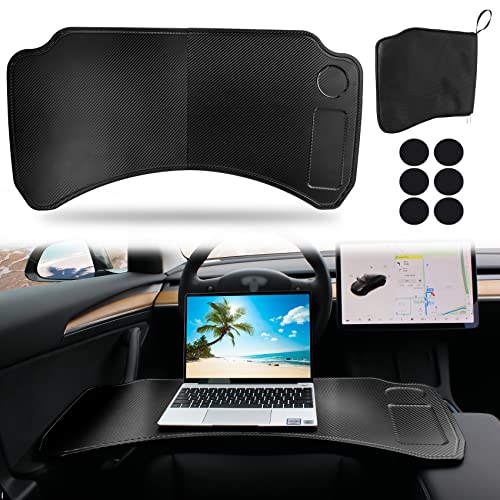 Sionse Foldable Car Laptop Tray Desk Compatible with Tesla Model Y Model 3, Carbon Fiber Food Tray Table for Working, Travel & Eat Lunch in Car, Upgraded Steering Wheel Tray - Comfortable & Big Space