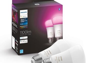 Philips Hue White and Colour Ambiance 10.5W Equivalent 75W A19 Base E26 LED Smart Bulb, Colour Changing, Bluetooth & Zigbee Compatible, Voice Activated with Alexa, Music Sync, 2-Pack